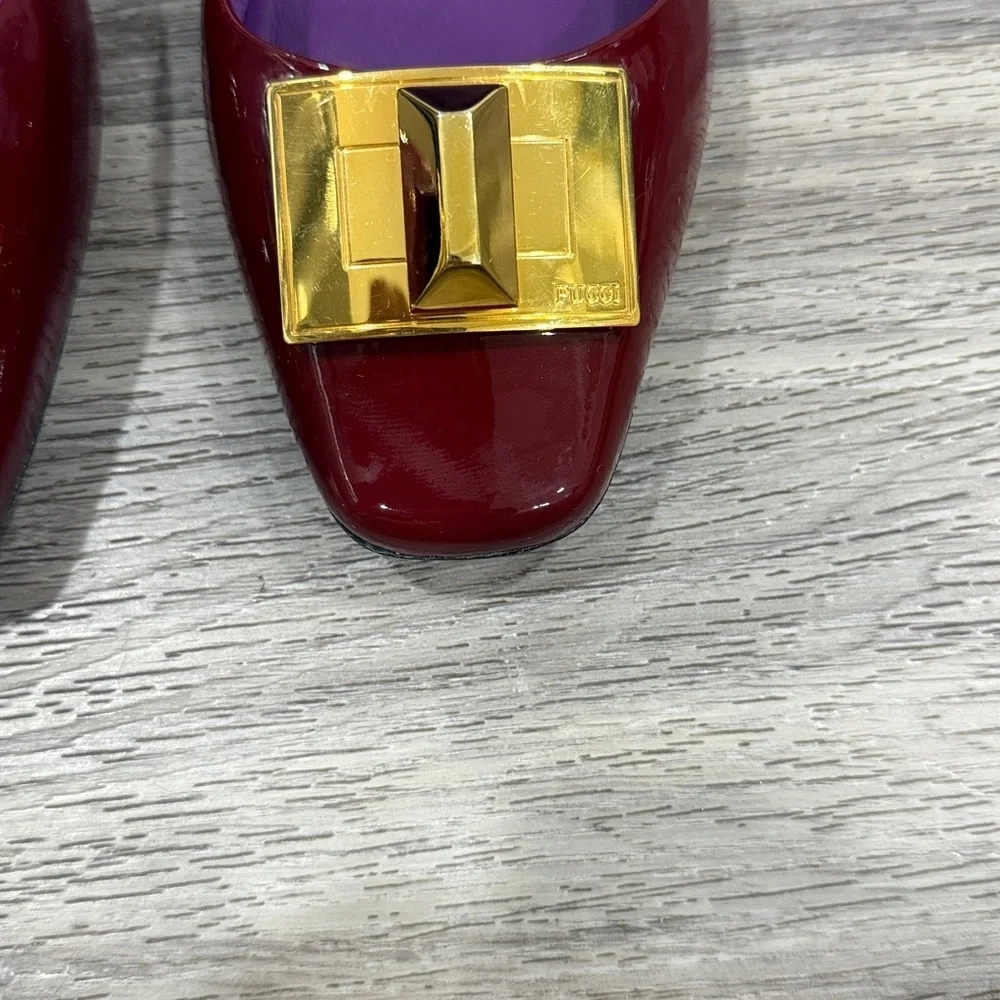 Emilio Pucci Burgundy Flats with Gold Buckle Patent Leather Ballerina Shoes - Picture 4 of 8